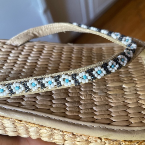 Vintage Y2K Nomad Floral Daisy Beaded Platform Jute Flip Flop Sandals Wedge 7 - Picture 3 of 4
